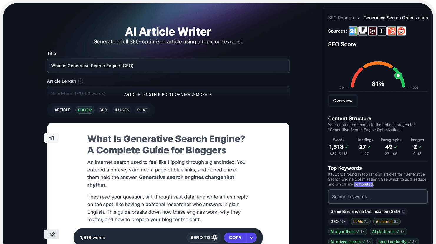 SEO reports in RightBlogger AI article writer