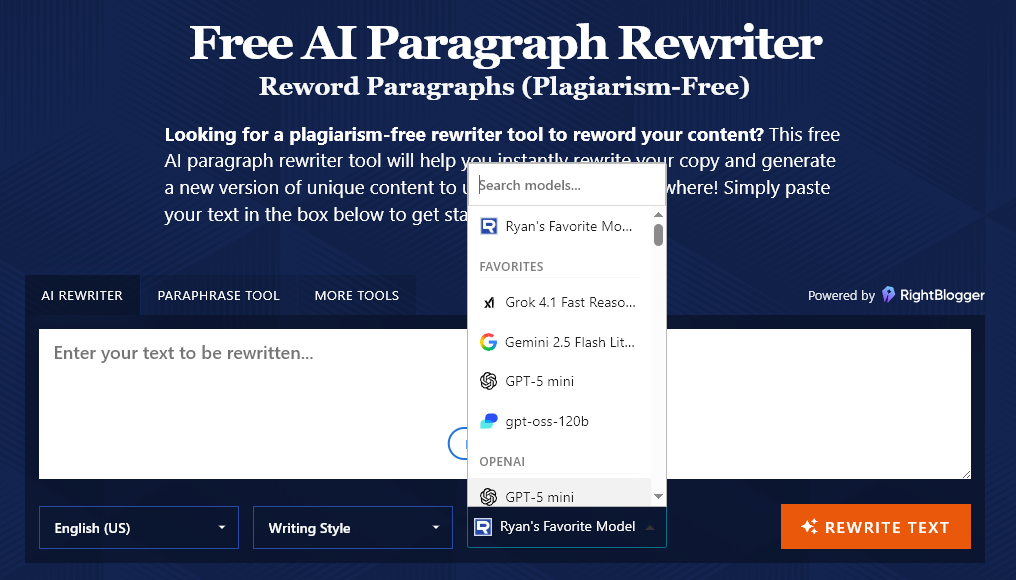Selecting a different AI model to use with the free AI Paragraph Rewriter tool.