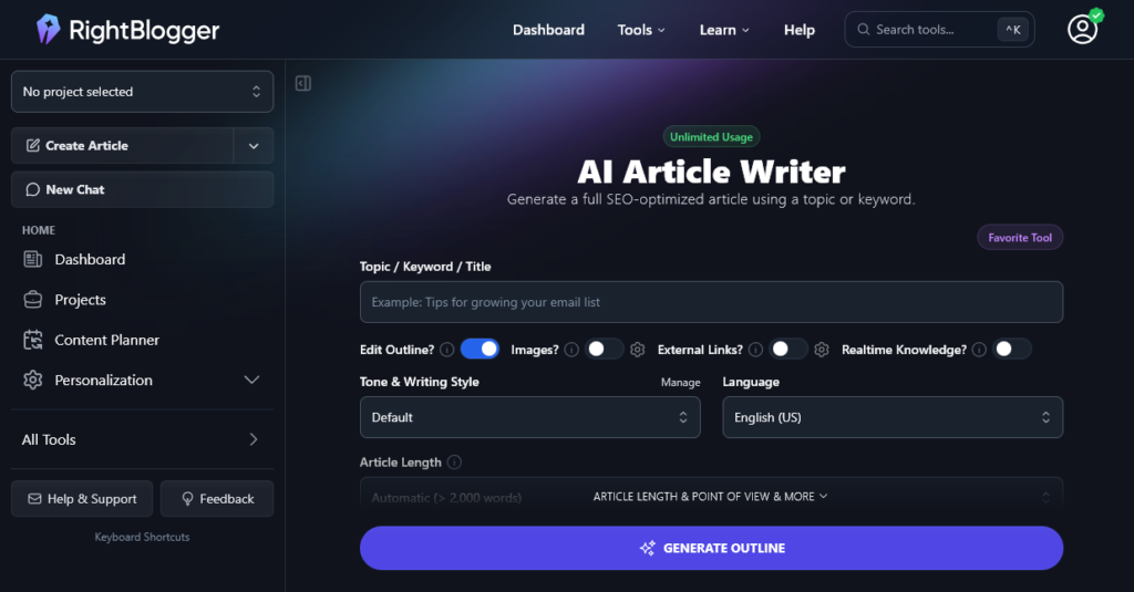 RightBlogger's advanced & powerful AI Article Writer tool.