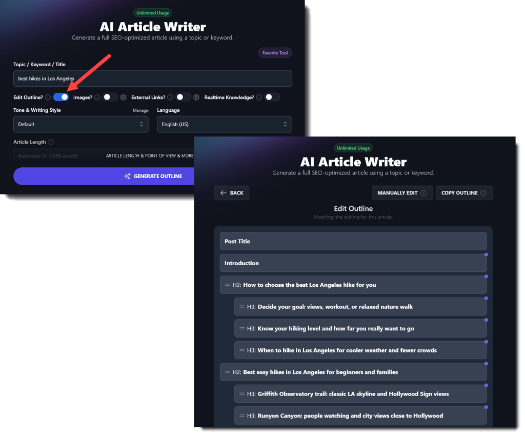 Editing the AI article outline inside RightBlogger, for a post about best Los Angeles hikes.