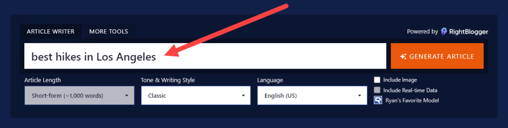 Entering a keyword phrase into the AI article writer (best hikes in Los Angeles)