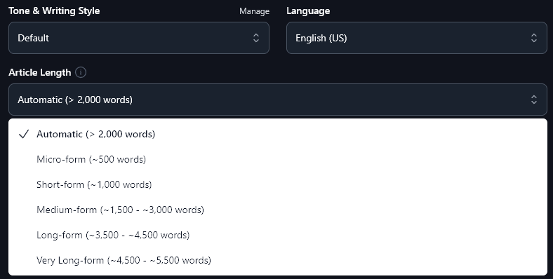 The Article Length dropdown inside the RightBlogger version of the AI article writer tool.