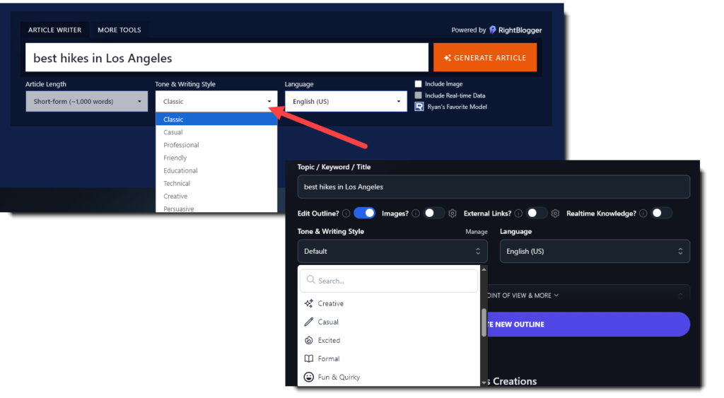Viewing the tone & writing style options in the free AI article writer tool and in the premium version of the tool inside RightBlogger.