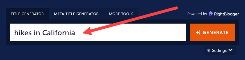 Typing a keyword phrase into the free AI blog title generator tool.