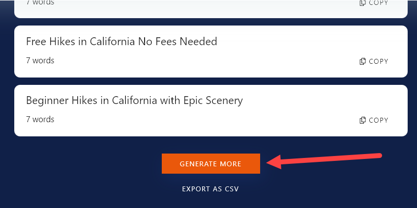 The Generate More button below the list of titles created by the Blog Title Generator tool.