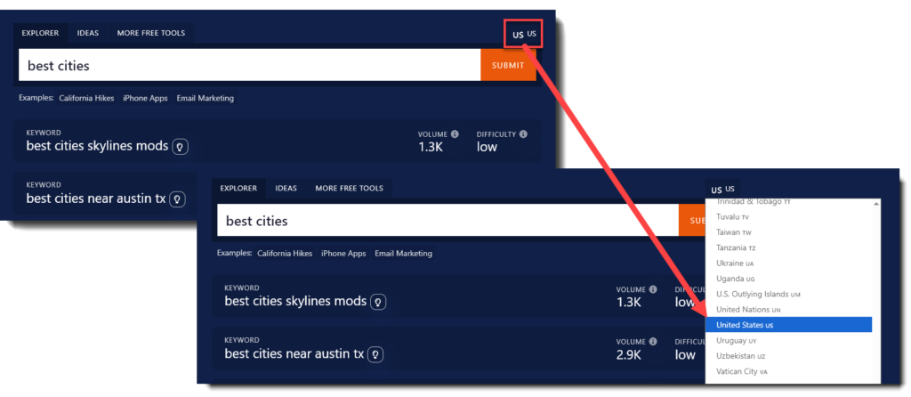 Using the country dropdown menu to select from a list of countries (keyword data will then be specific to this country).