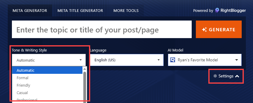 Using the Tone & Writing Style dropdown to choose a tone that matches well with your brand voice.