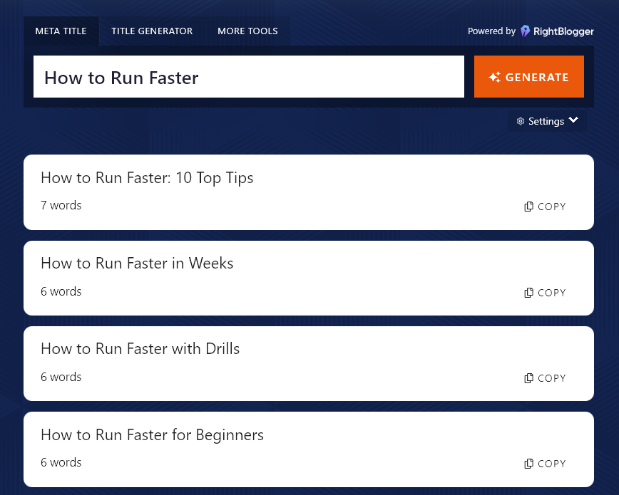 Creating a list of meta titles based on a straightforward working title for your blog post, in the Meta Title AI Generator tool.