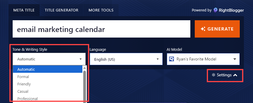 Changing the Tone & Writing Style using the dropdown options in the AI Meta Title Generator.