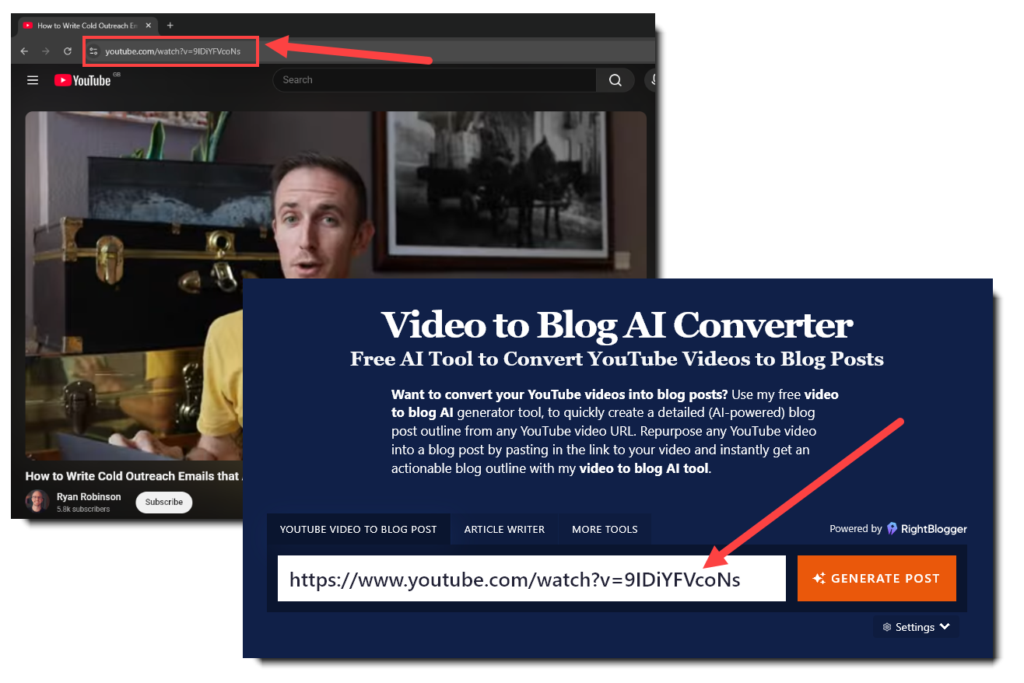 Getting the URL of a YouTube video to use in the YouTube Video to Blog Post converter tool.