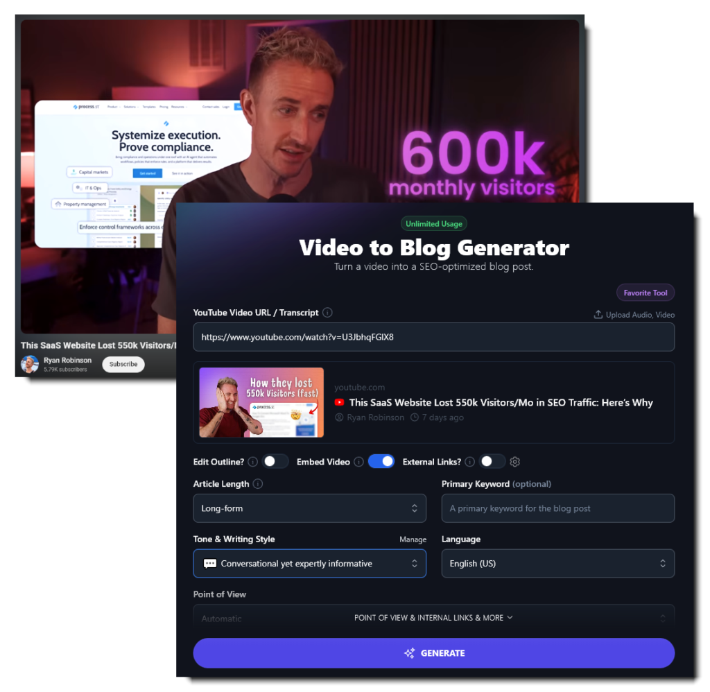 Screenshot showing the full version of the Video to Blog Post tool in RightBlogger, with options to edit outline, adjust article length, enter keyword, choose tone, and more.