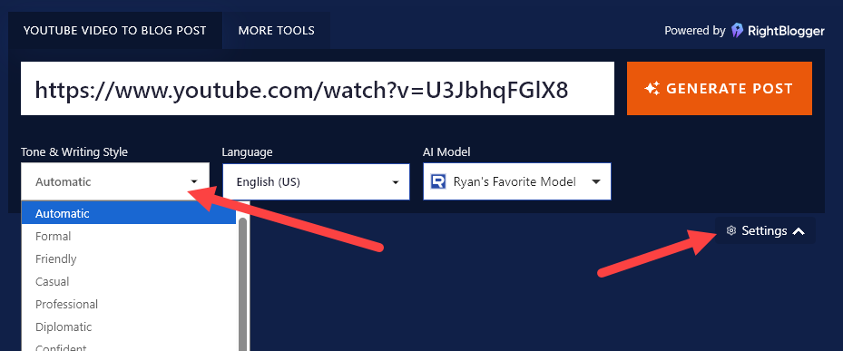 Selecting your preferred Tone & Writing Style in the AI YouTube to Blog Post Converter.