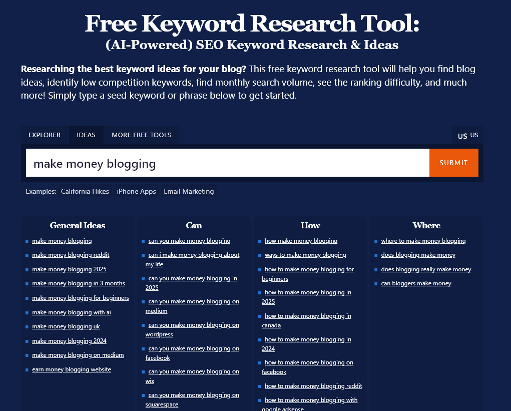 Screenshot of the Ideas tab of the free Keyword Research Tool from RyRob