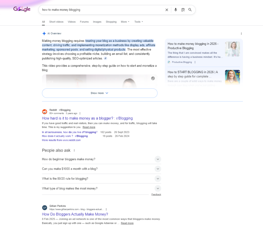 Screenshot of the Google SERP for the query How to Make Money Blogging